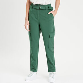 Pantalon cargo 7/8ème ceinturé vert foncé femme