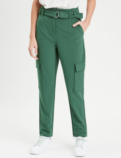 Pantalon cargo 7/8ème ceinturé vert foncé femme