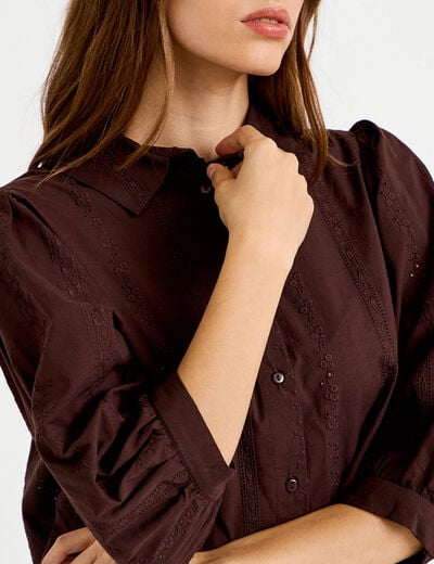 Chemise droite col classique manches 3/4 marron fonc&eacute; femme
