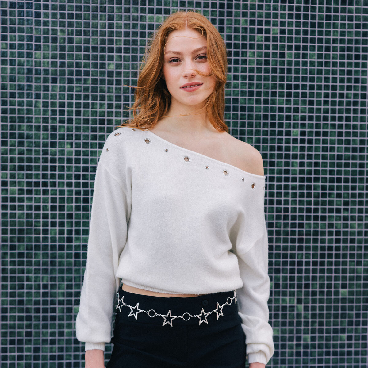 Pull col bateau manches longues ecru femme