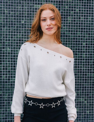 Pull col bateau manches longues ecru femme
