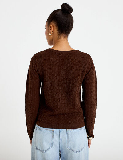 Gilet ajour&eacute; manches longues dentelle marron fonc&eacute; femme