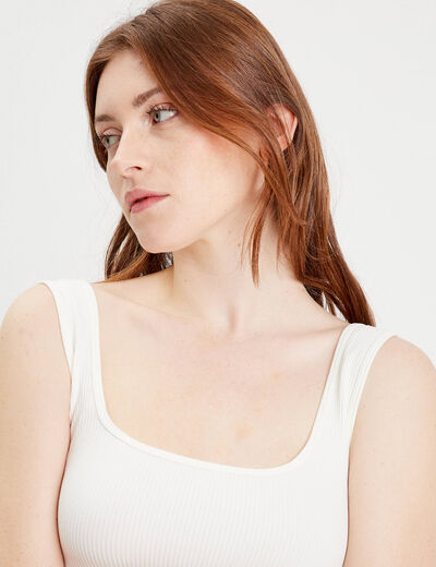 Débardeur cropped côtelé ecru femme