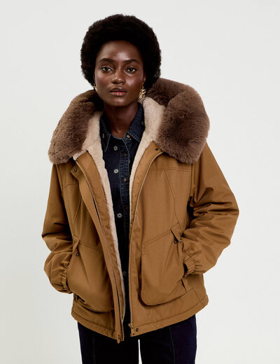 Parka col fausse fourrure amovible marron fonc&eacute; femme