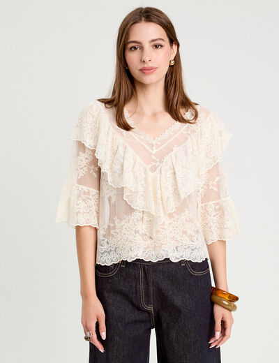 Blouse manches 3/4 dentelle ecru femme