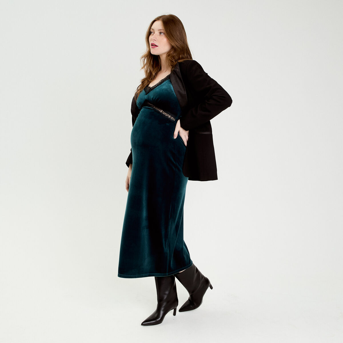Robe longue en velours d&eacute;tails dentelle bleu canard femme