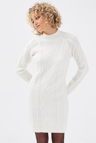 Robe pull droite avec torsades ecru femme