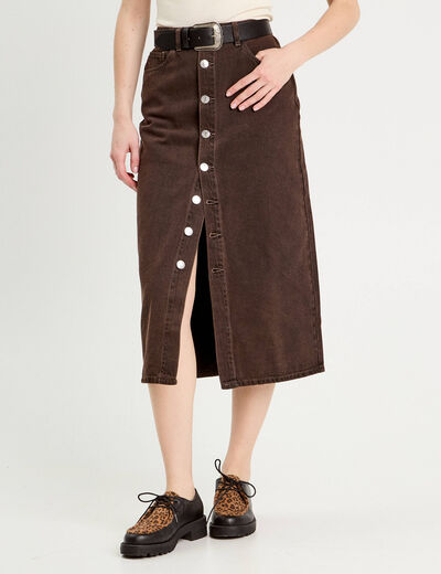 Jupe midi droite en jean marron foncé femme