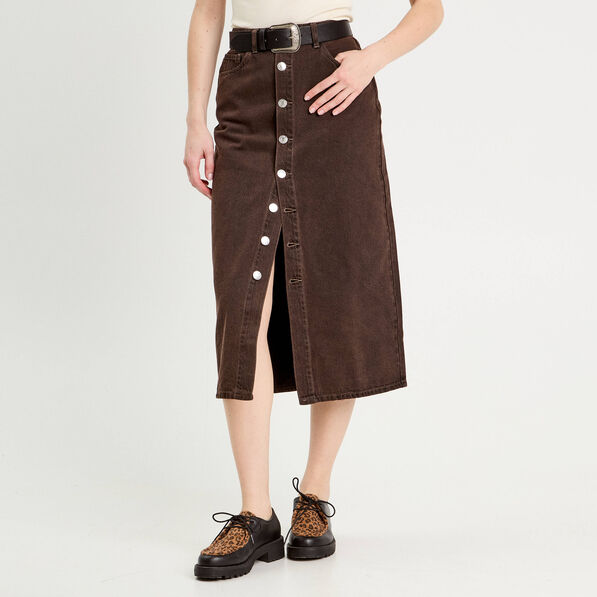 jupe midi droite en jean marron fonce femme Jupe midi droite en jean marron foncé femme