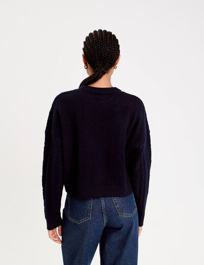 Pull avec torsades bleu marine femme