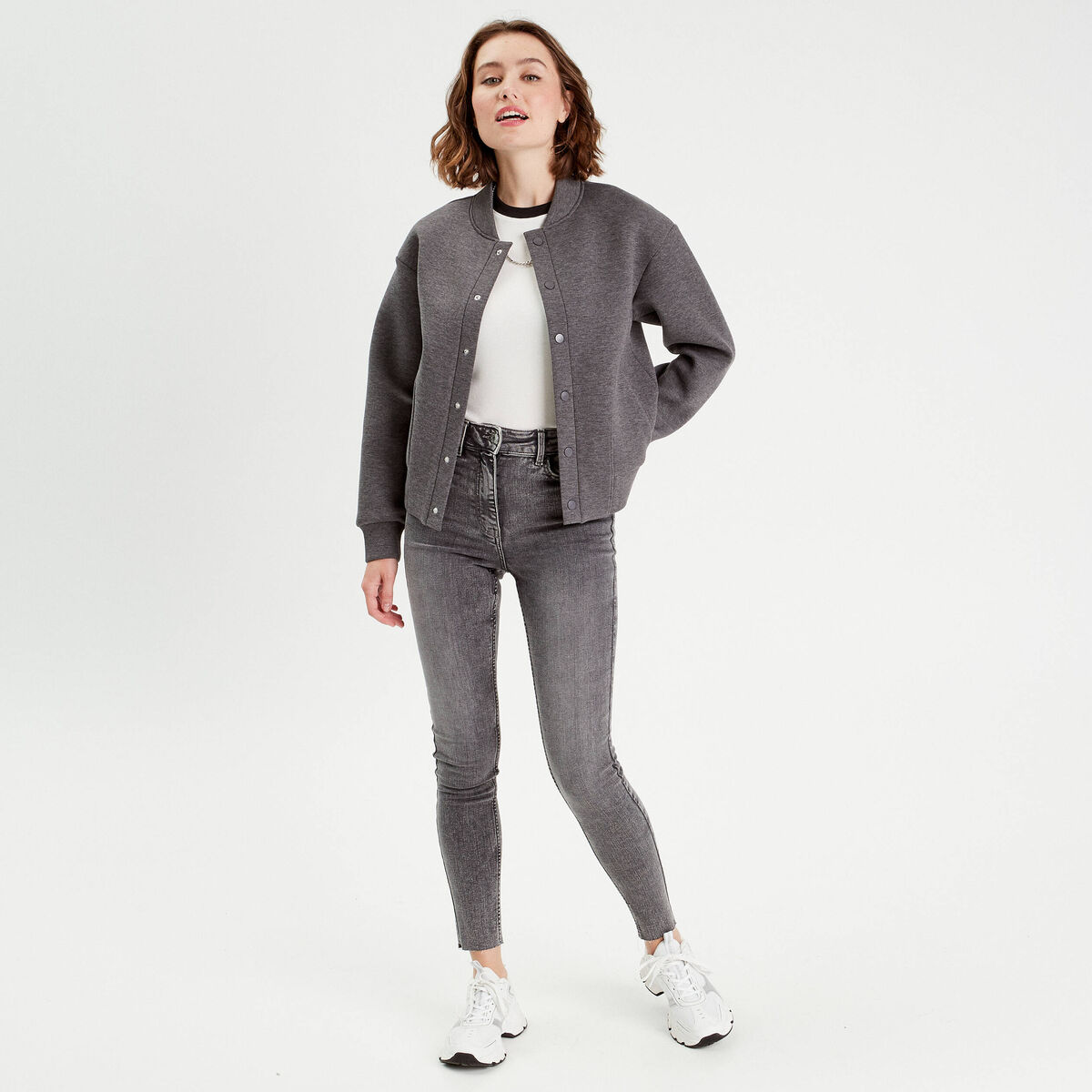 Jeans skinny taille haute denim gris femme