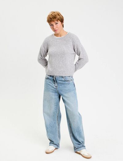 Pull col rond manches longues gris clair femme