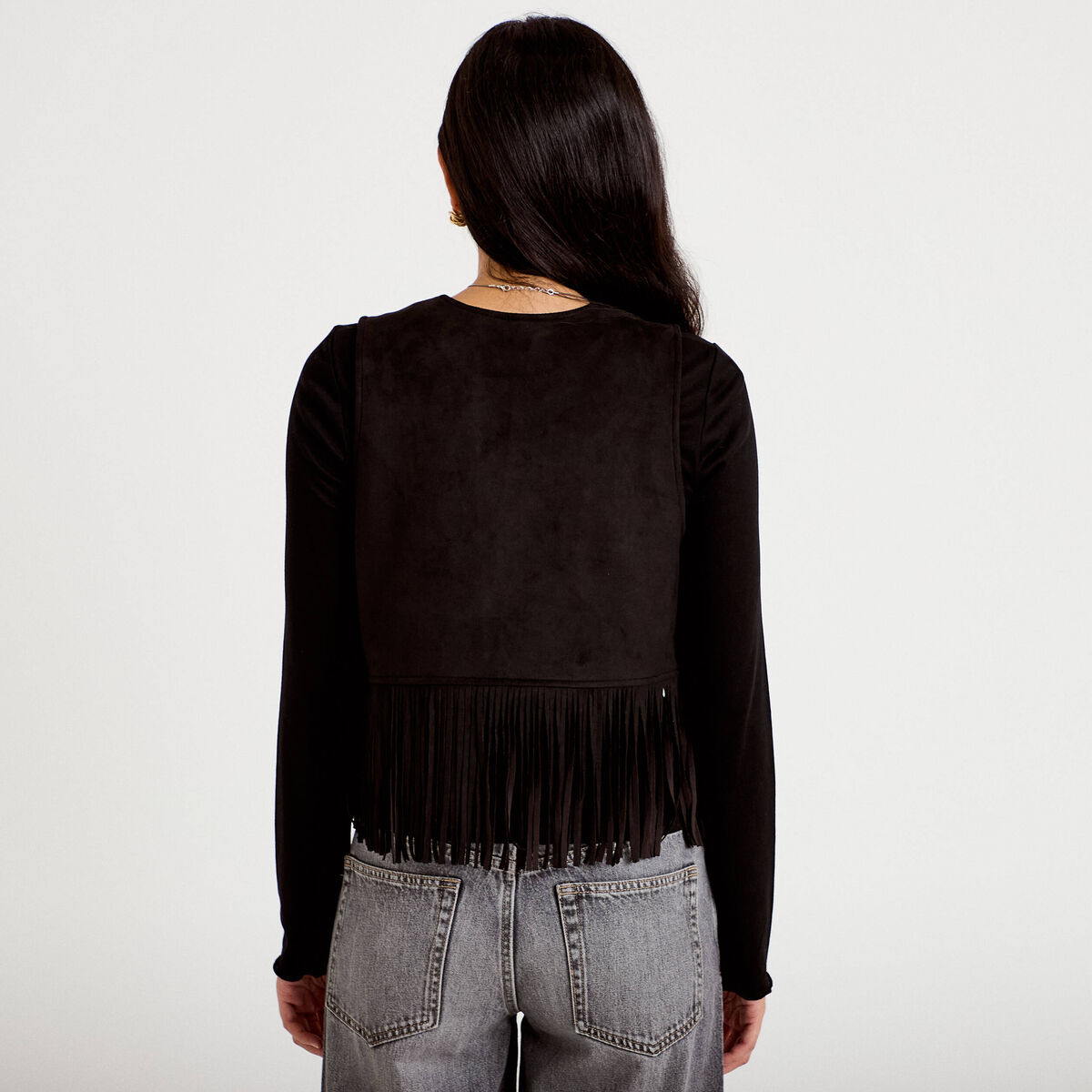Gilet droit sans manches aspect daim noir femme