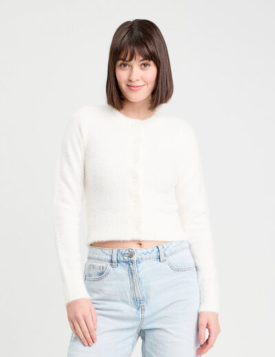 Gilet manches longues cropped ecru femme