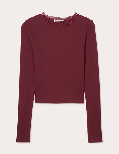 T-shirt cropped côtelé prune femme