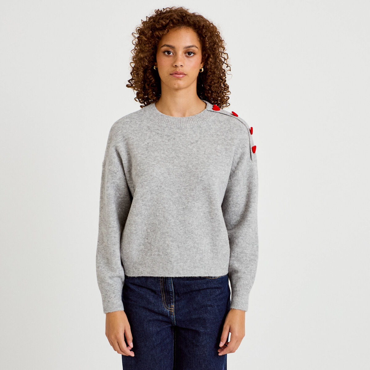 Pull ample col rond manches longues gris clair femme