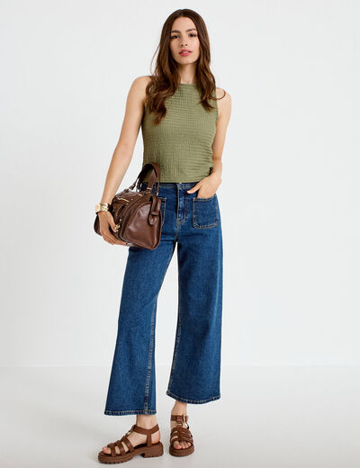 Top pliss&eacute; col rond manches courtes vert kaki femme
