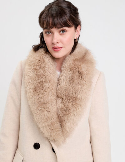 Manteau col fausse fourrure beige femme