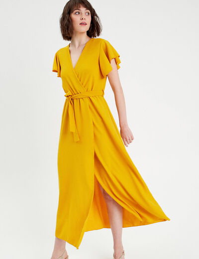 Robe longue évasée cache-coeur jaune femme