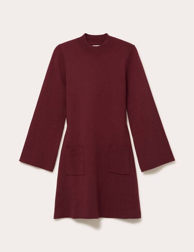 Robe manches longues col montant bordeaux femme