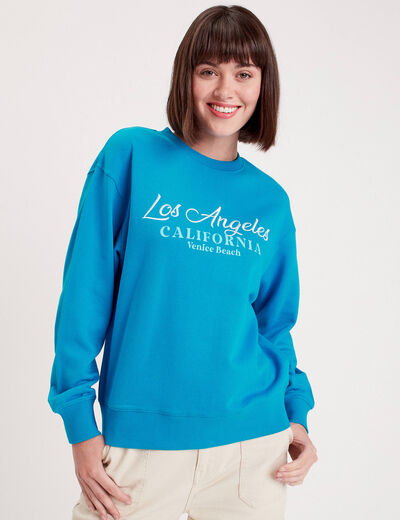 Sweat manches longues brodé bleu femme