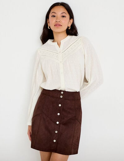 Jupe trap&egrave;ze courte aspect daim marron fonc&eacute; femme