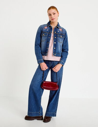 Veste en jean broderie d&eacute;tails clout&eacute;s denim double stone femme