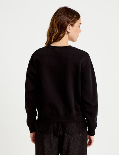 Sweat droit col rond d&eacute;tail dentelle noir femme