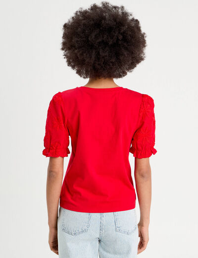 T-shirt manches brodées rouge femme