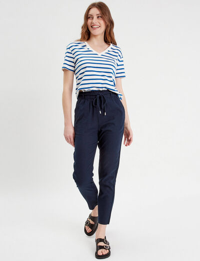 Pantalon droit fluide contenant du lin bleu marine femme