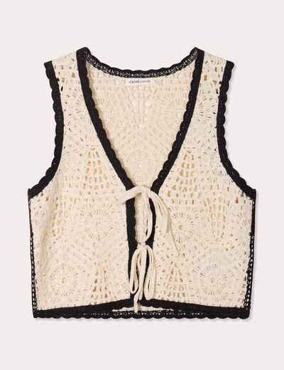 Gilet cropped effet croché beige femme