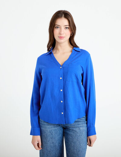 Chemise lin col V manches longues bleu electrique femme
