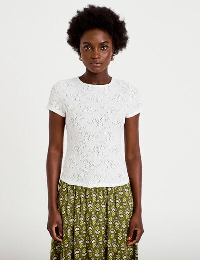 T-shirt ajust&eacute; &agrave; relief manches courtes ecru femme