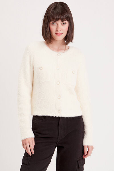 Gilet col rond boutonné ecru femme