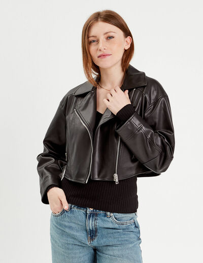 Veste simili cuir zippée noir femme