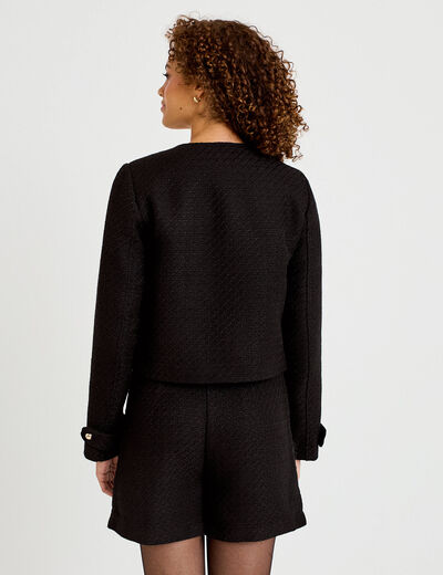 Veste tweed cintr&eacute;e cropped col mao noir femme