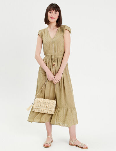 Robe longue évasée plumetis vert pastel femme
