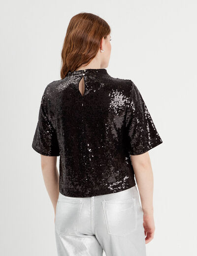 T-shirt sequins col montant noir femme