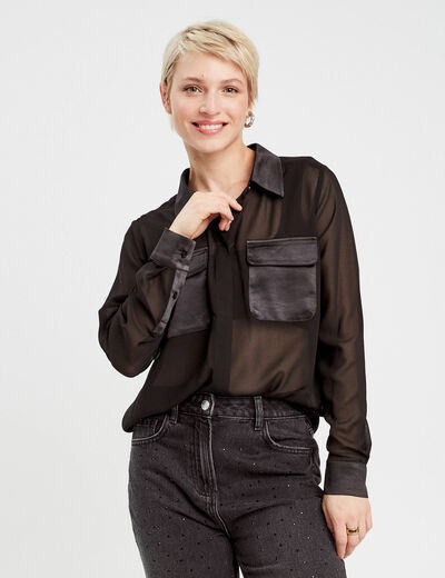 Chemise poches en satin noir femme