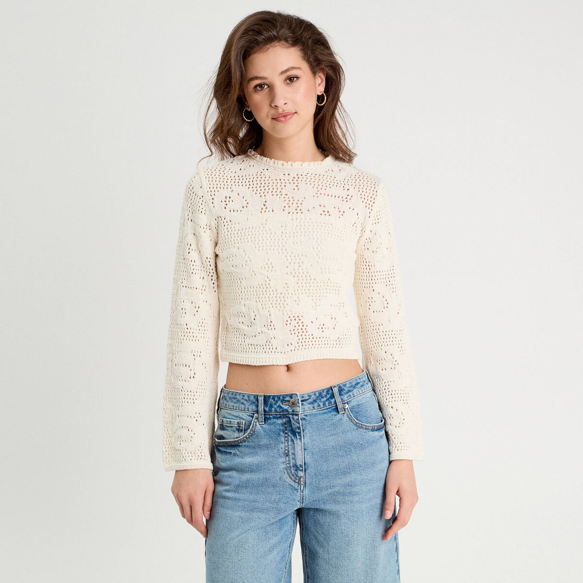 Pull ajouré manches longues ecru femme