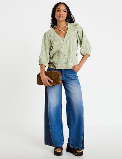 Blouse droite pliss&eacute;e manches 3/4 vert femme
