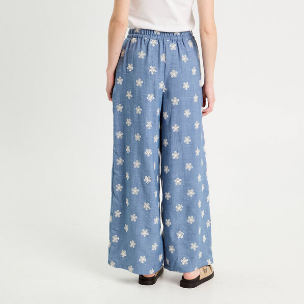 Pantalon large brodé bleu femme