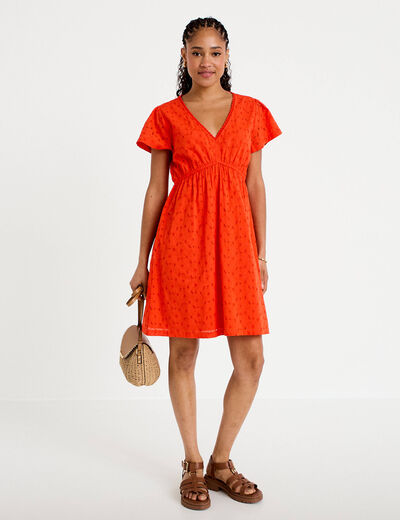 Robe courte &eacute;vas&eacute;e d&eacute;collet&eacute; brod&eacute;e orange fonc&eacute; femme