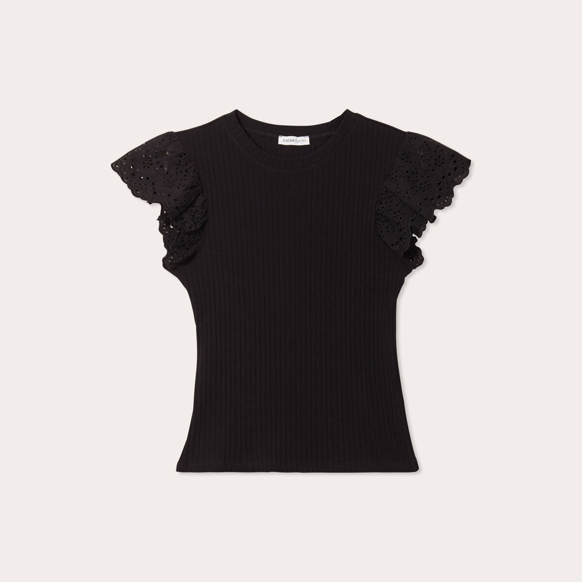 T-shirt manches courtes côtelé noir femme
