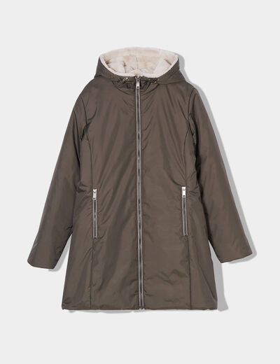 Parka réversible à capuche vert kaki femme