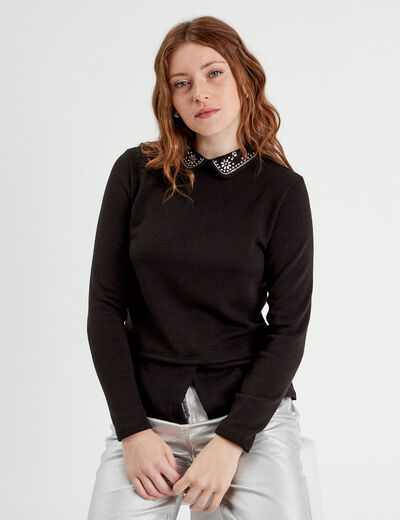 Pull col chemise bijoux noir femme