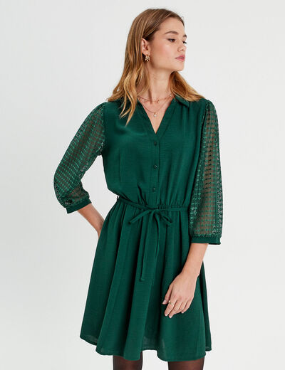 Robe trapèze manches dentelle vert foncé femme