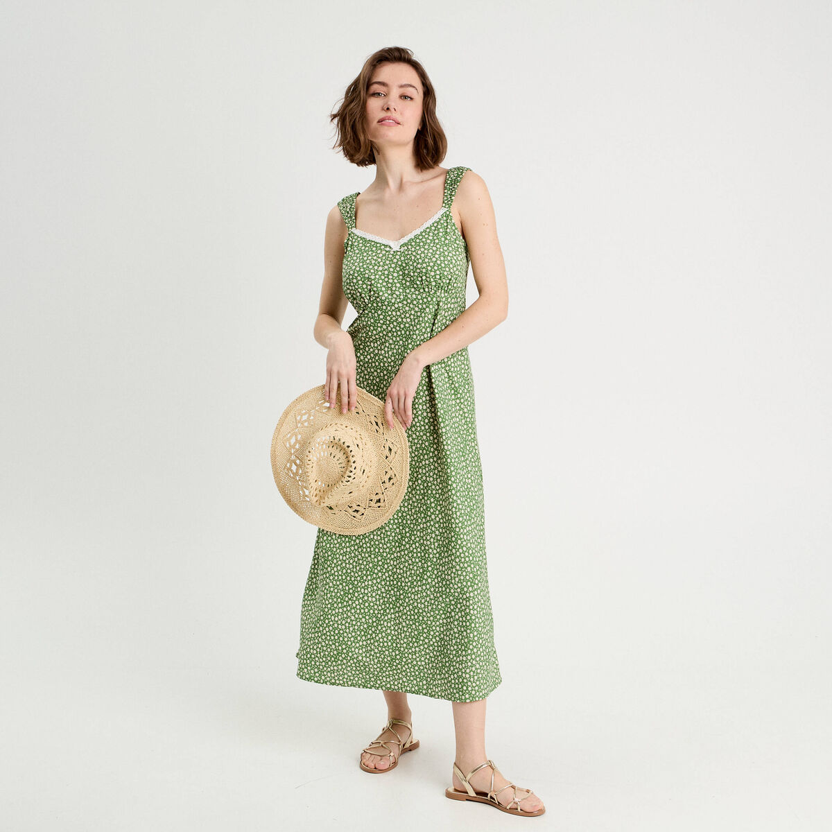 Robe longue évasée vert kaki femme