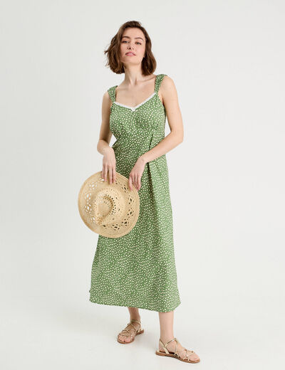 Robe longue évasée vert kaki femme