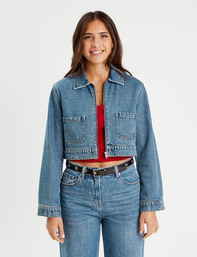 Veste courte zippée en jean denim stone femme